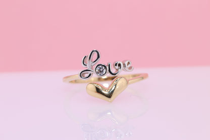 14K Solid Gold LOVE CZ Heart Ring
