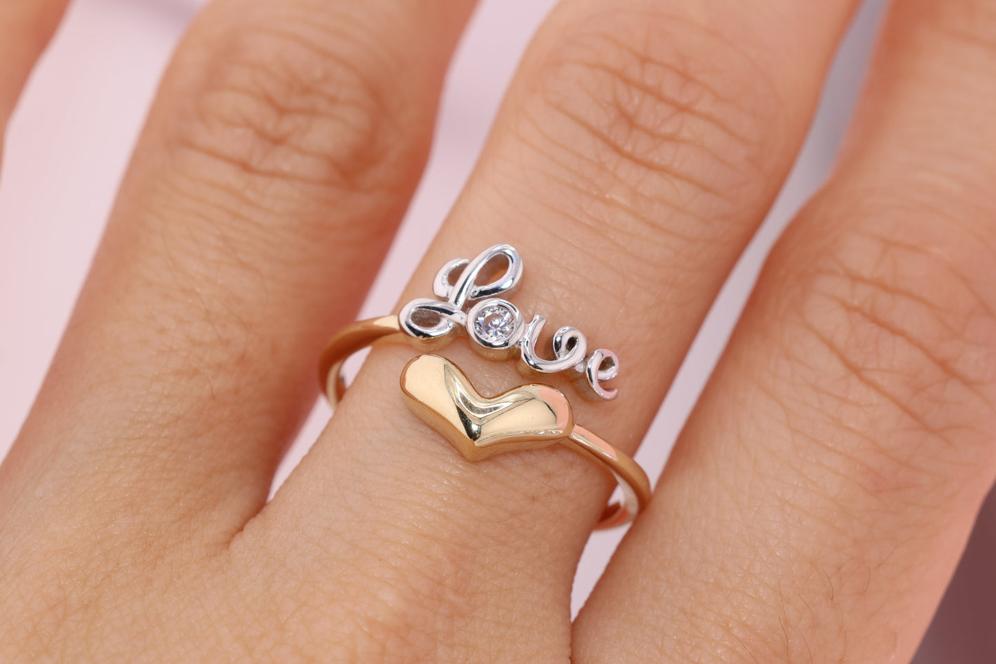 14K Solid Gold LOVE CZ Heart Ring