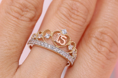 14K Gold 15 Anos Quinceanera Crown Ring SS