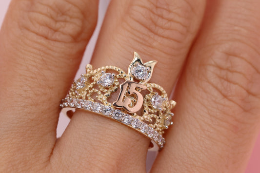 14K Gold 15 Anos Quinceanera Crown Ring OO