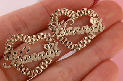 10K Yellow Gold Rollie Heart Personalized Diamond Cut Name Earrings