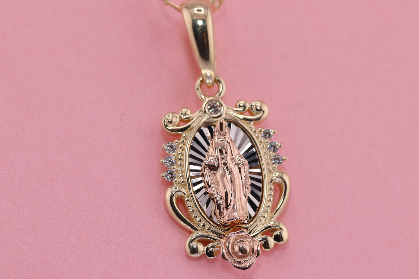 14k Solid Gold Virgin Mary Virgen Maria Lady Guadalupe Pendant J