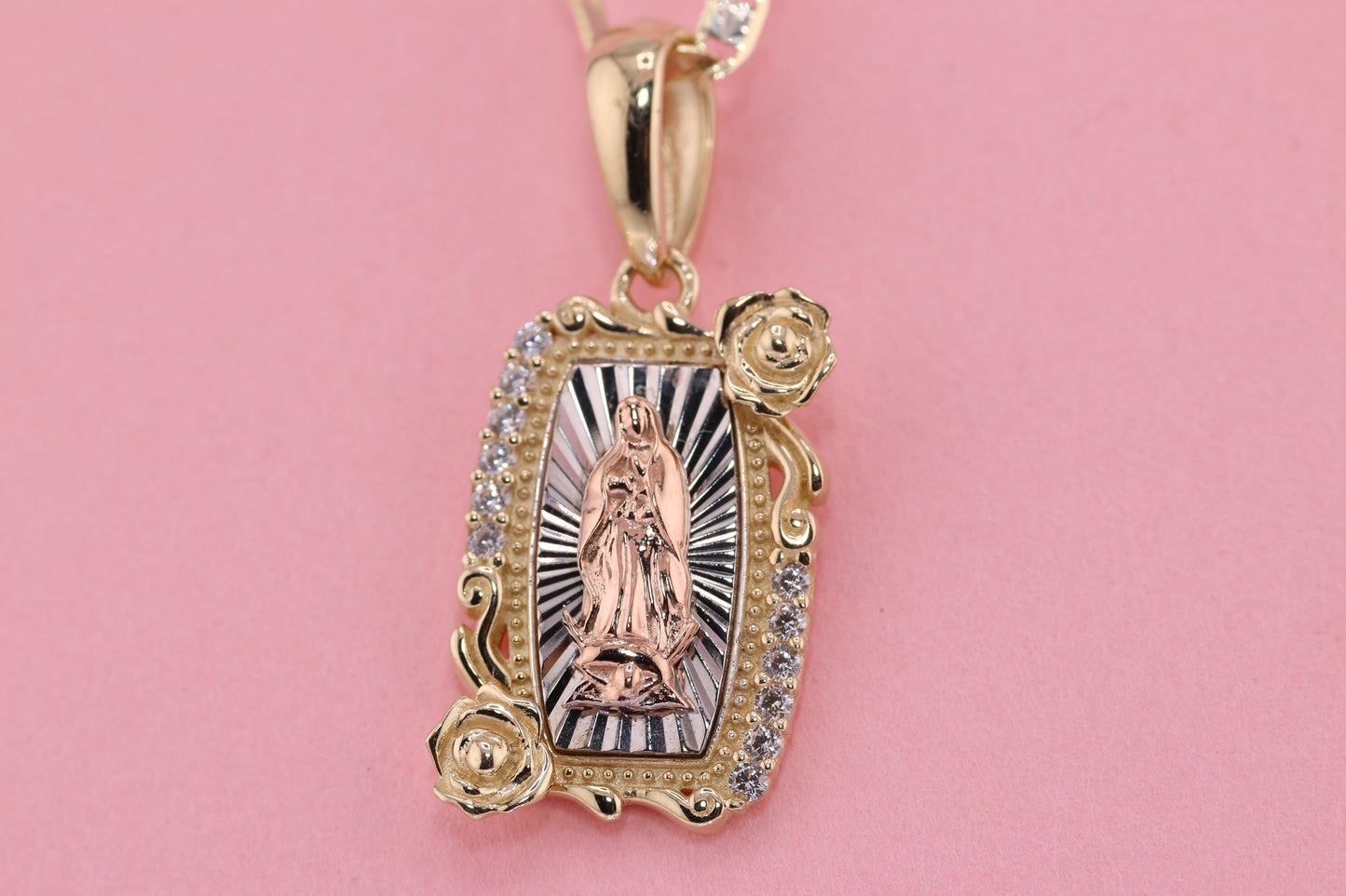 14k Solid Gold Virgin Mary Virgen Maria Lady Guadalupe Pendant F