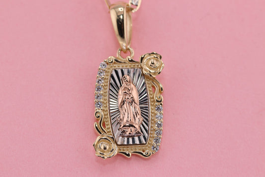 14k Solid Gold Virgin Mary Virgen Maria Lady Guadalupe Pendant F