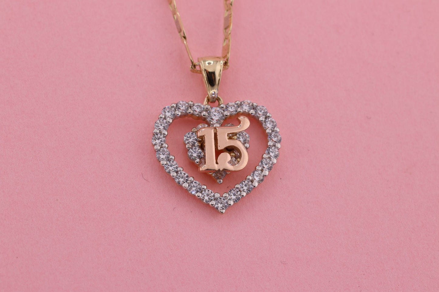 14K Gold 15 Anos Quinceanera Heart Pendant H