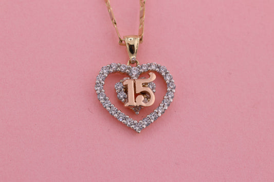 14K Gold 15 Anos Quinceanera Heart Pendant H