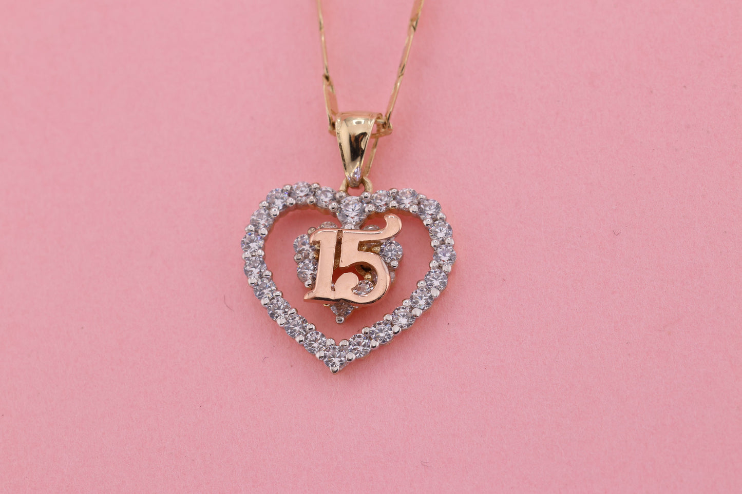 14K Gold 15 Anos Quinceanera Heart Pendant H