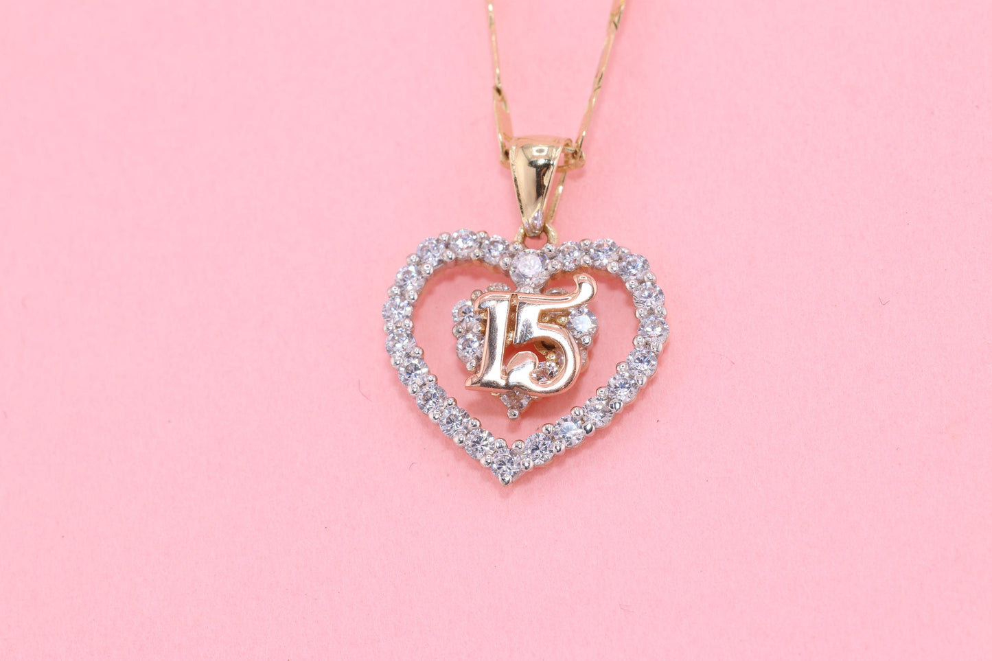 14K Gold 15 Anos Quinceanera Heart Pendant H