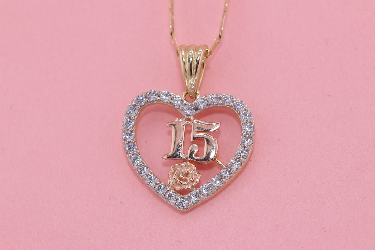 14K Gold 15 Anos Quinceanera Heart Pendant G