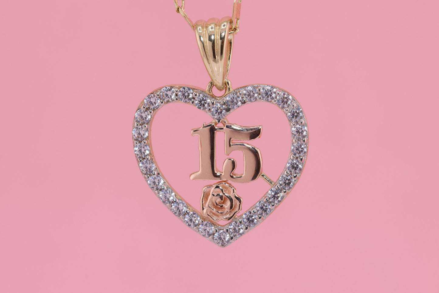14K Gold 15 Anos Quinceanera Heart Pendant G
