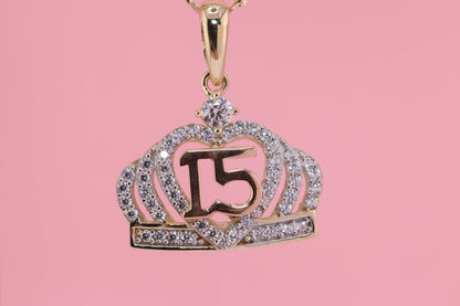 14K Gold 15 Anos Quinceanera Crown Pendant B