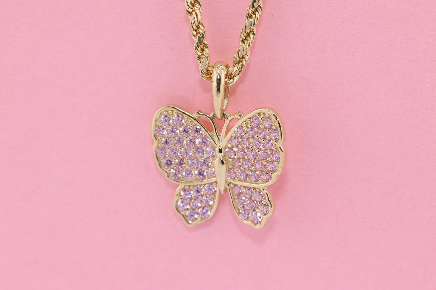 10k Solid Gold Heart Pink CZ Butterfly Pendant