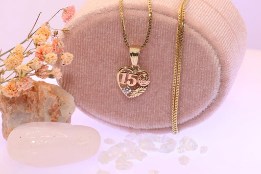 14K Gold 15 Anos Quinceanera Heart Pendant A