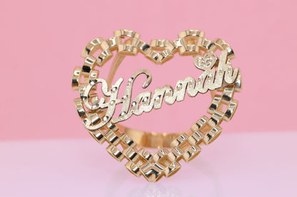 10K Rolex Style Heart Personalized Name Ring