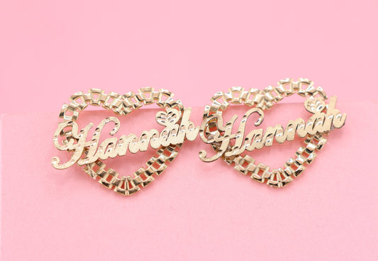10K Yellow Gold Rollie Heart Personalized Diamond Cut Name Earrings