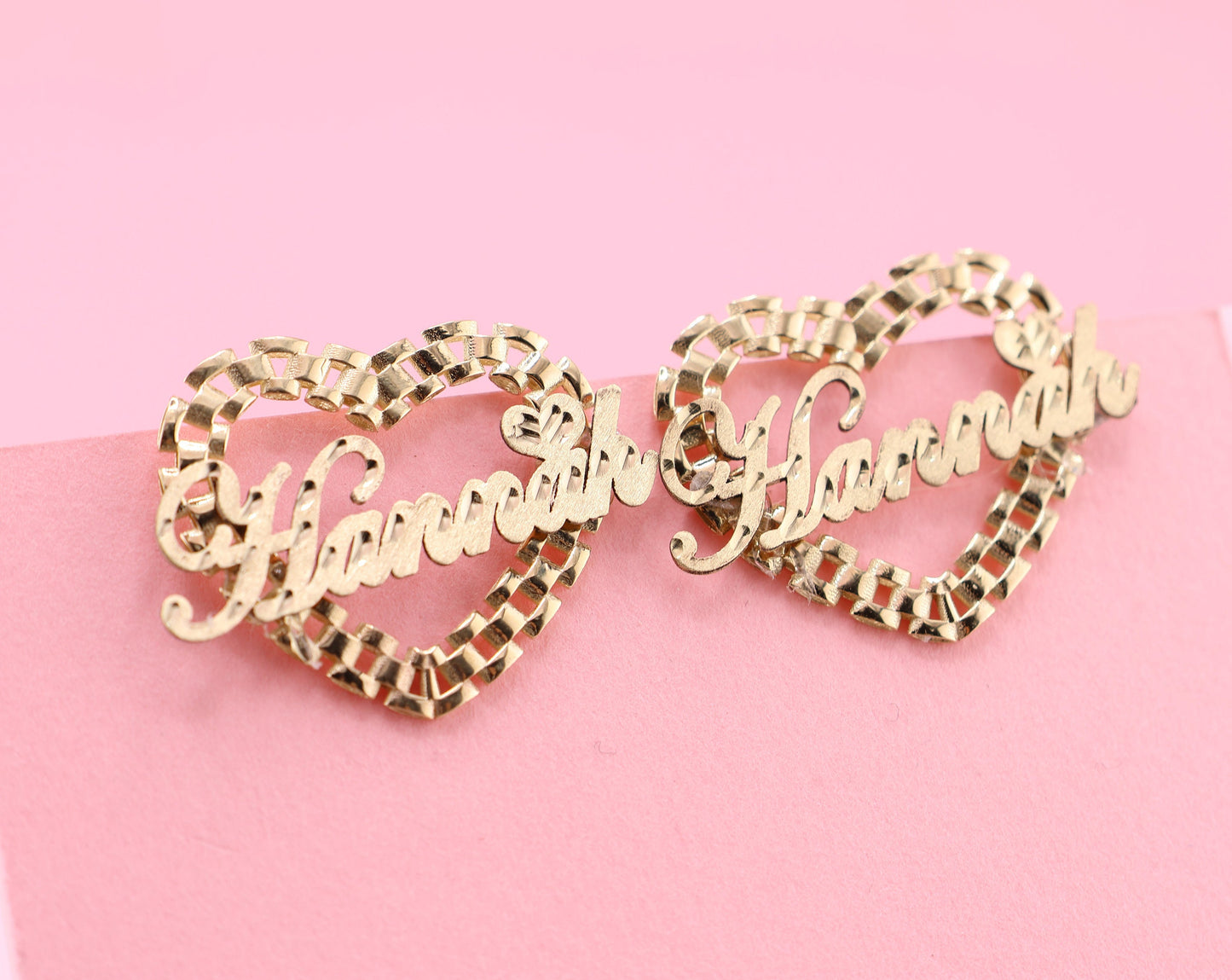 10K Yellow Gold Rollie Heart Personalized Diamond Cut Name Earrings