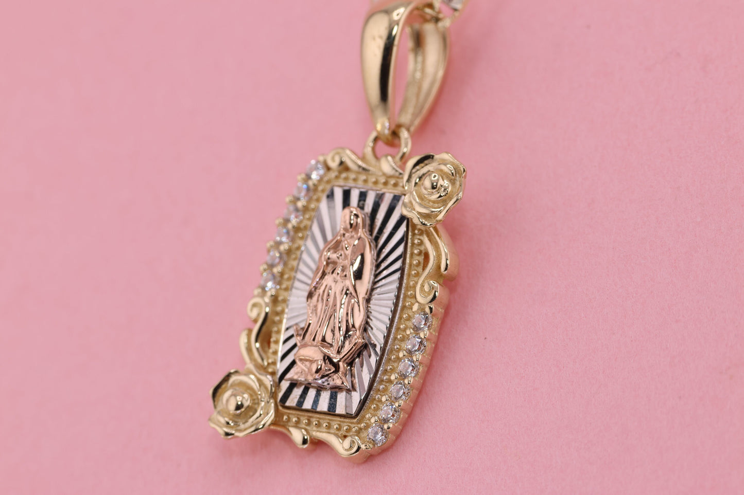 14k Solid Gold Virgin Mary Virgen Maria Lady Guadalupe Pendant F