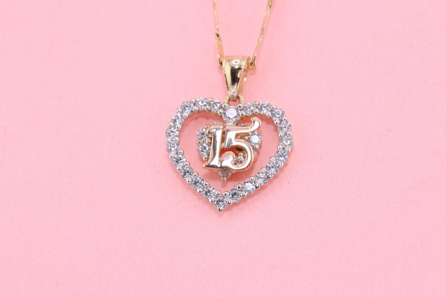 14K Gold 15 Anos Quinceanera Heart Pendant H