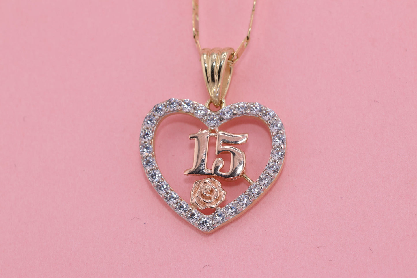 14K Gold 15 Anos Quinceanera Heart Pendant G