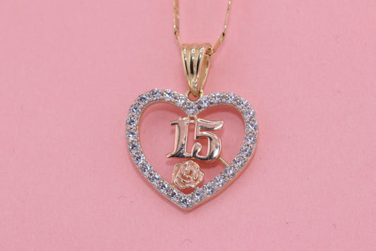 14K Gold 15 Anos Quinceanera Heart Pendant G