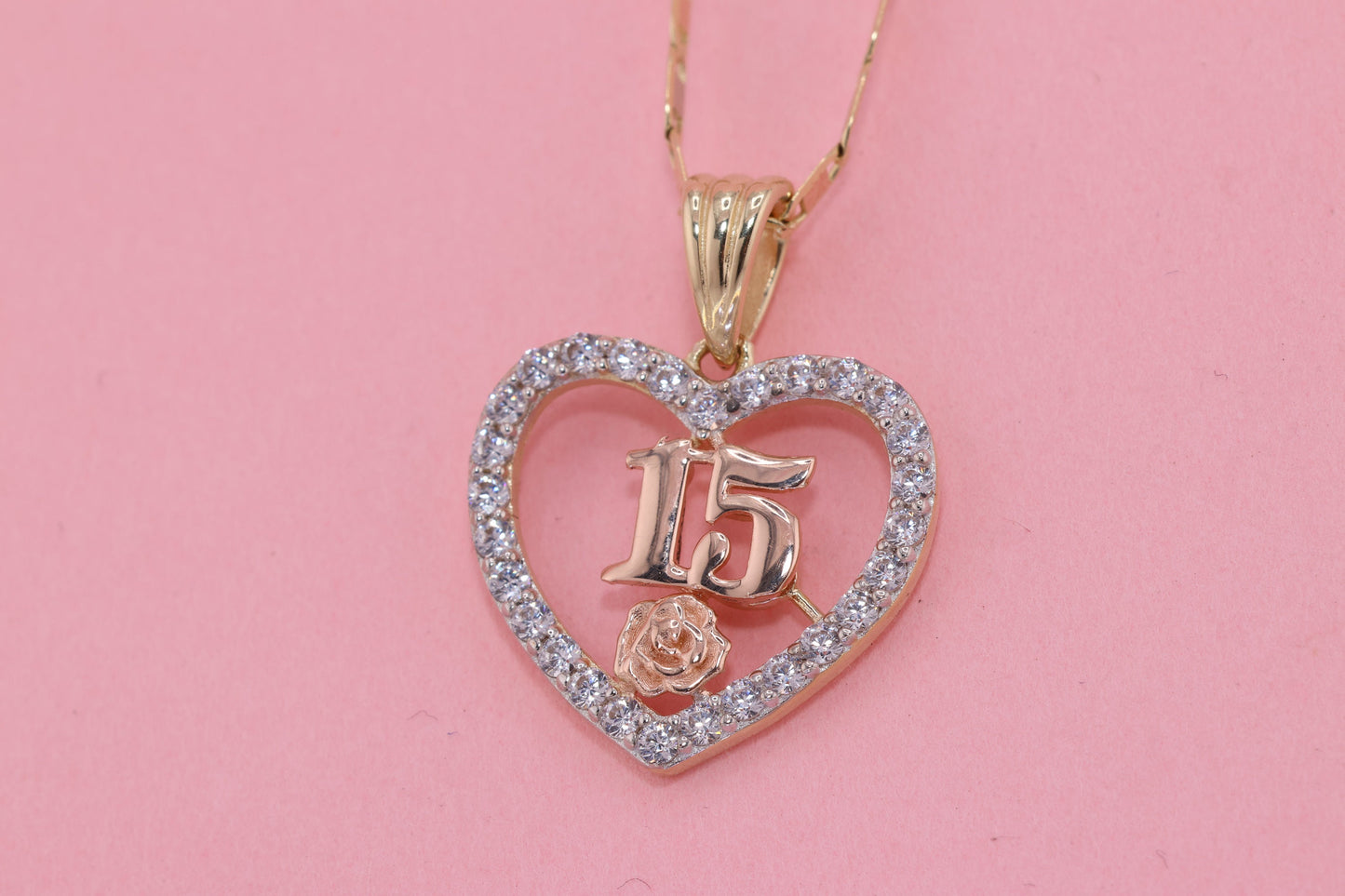 14K Gold 15 Anos Quinceanera Heart Pendant G