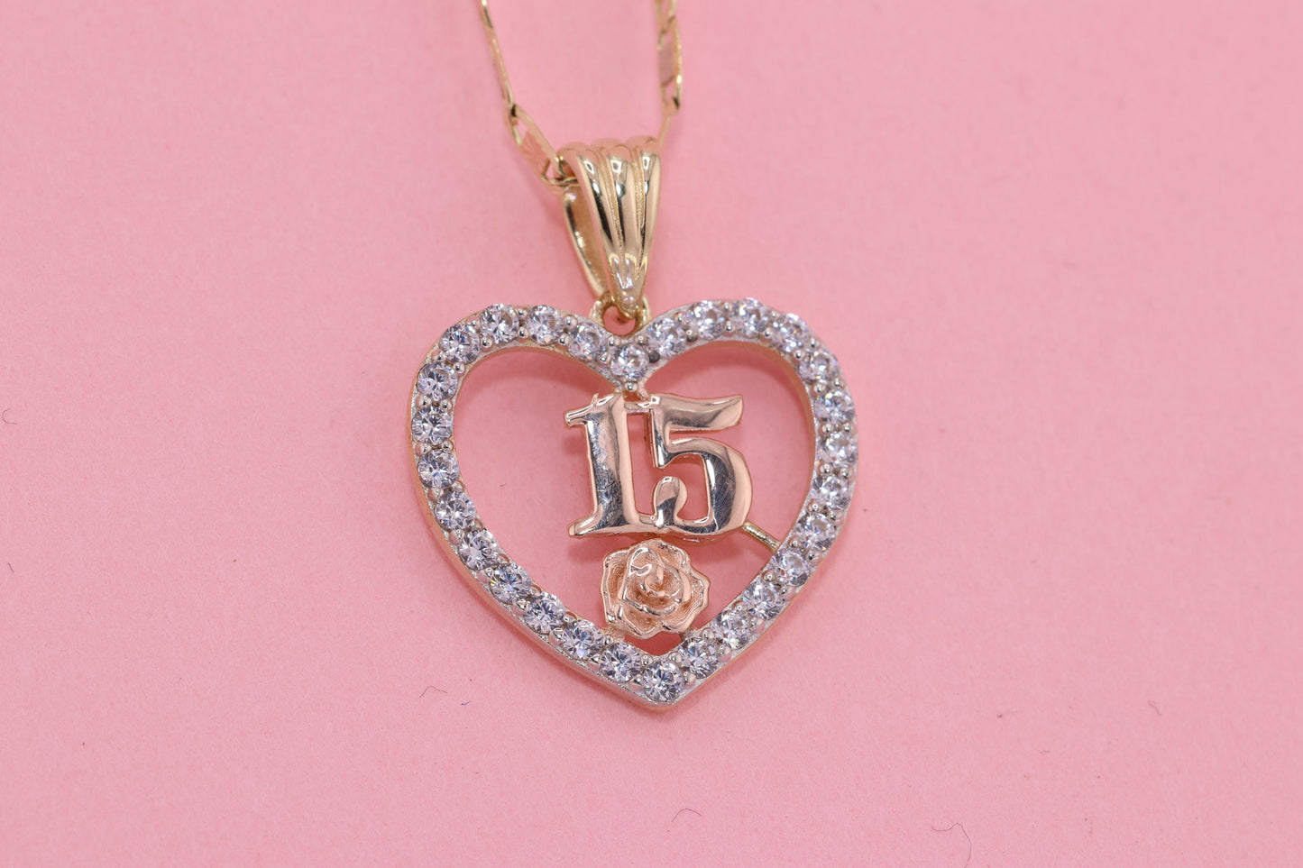 14K Gold 15 Anos Quinceanera Heart Pendant G