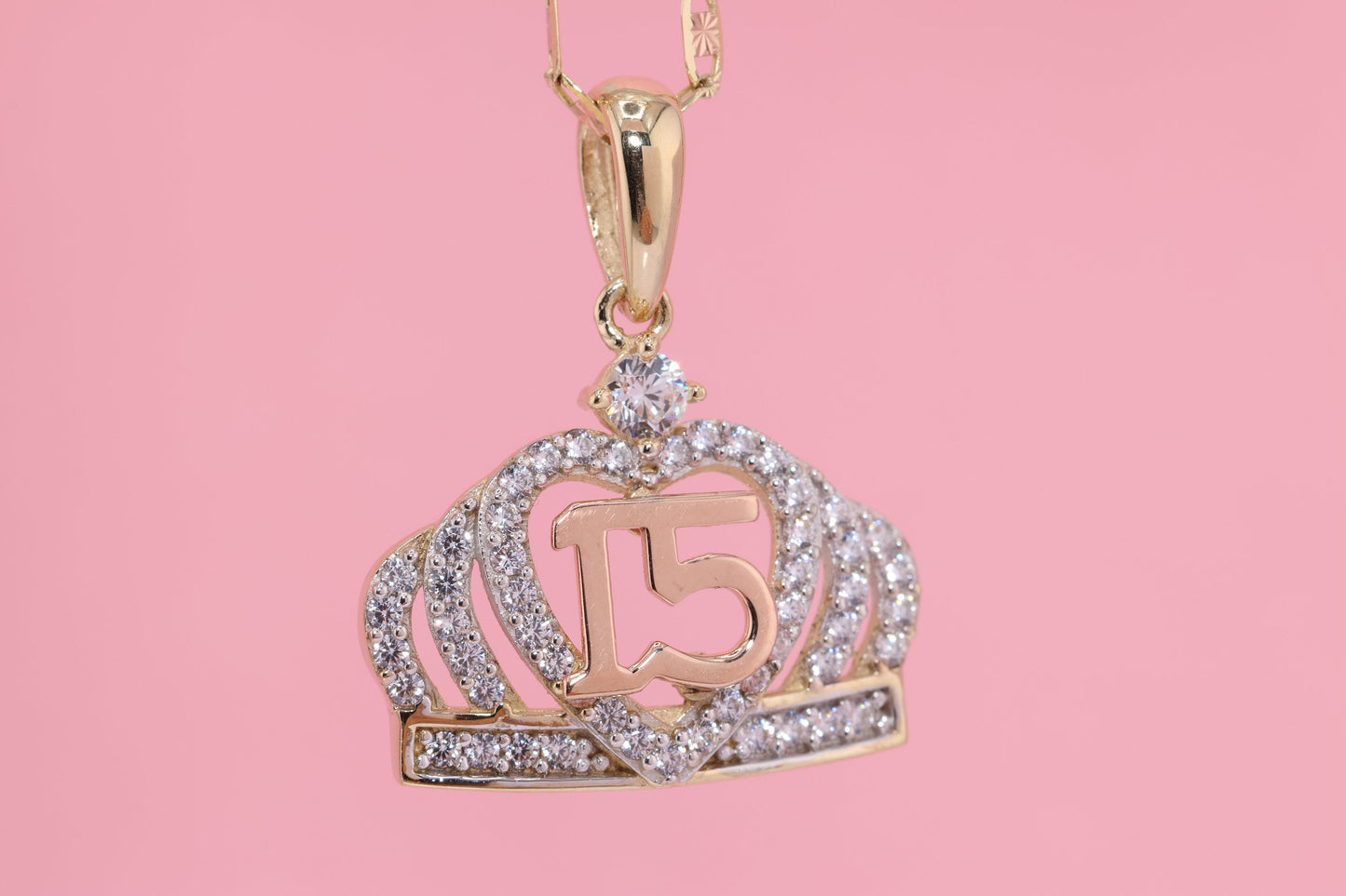 14K Gold 15 Anos Quinceanera Crown Pendant B