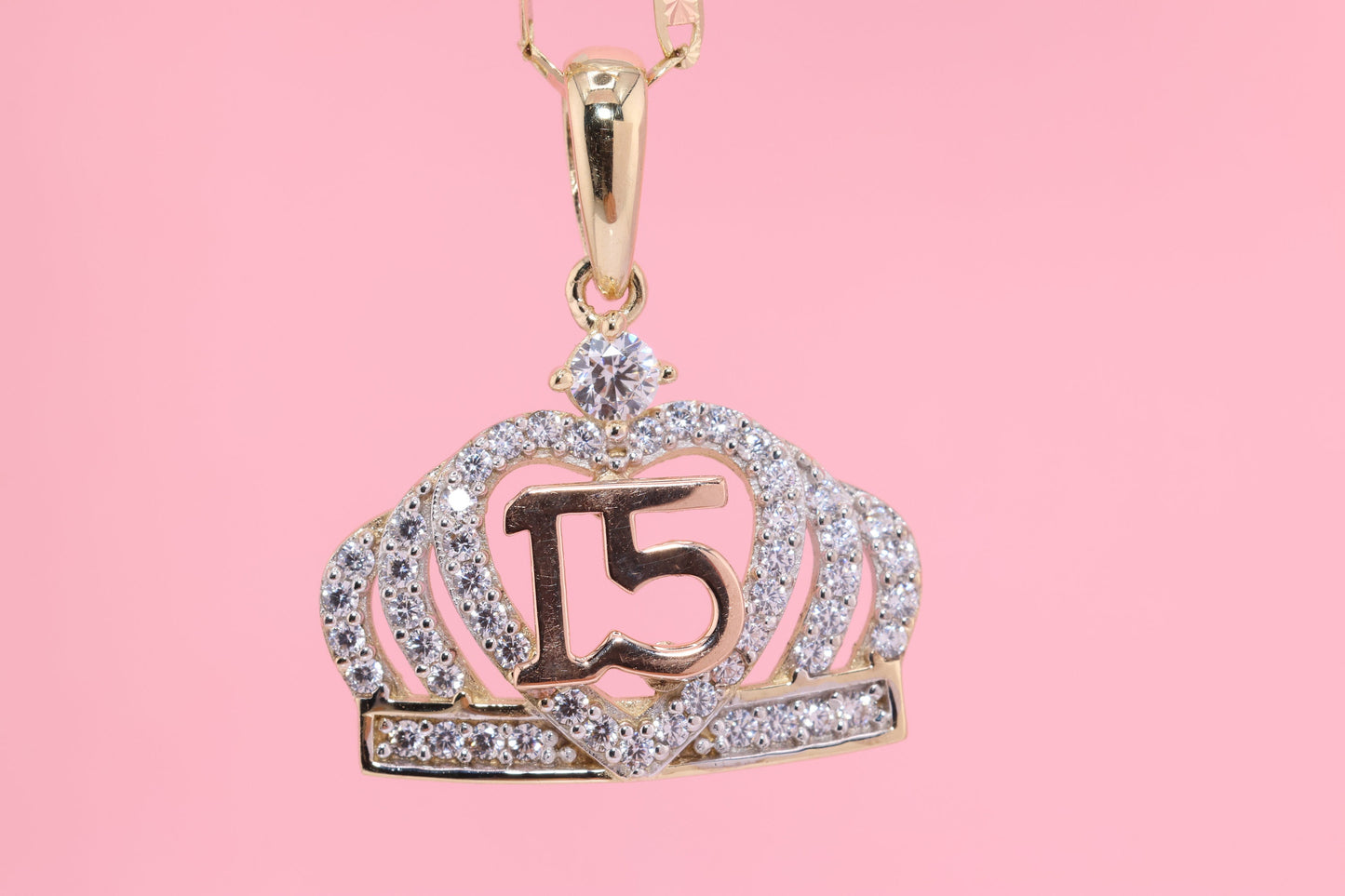 14K Gold 15 Anos Quinceanera Crown Pendant B