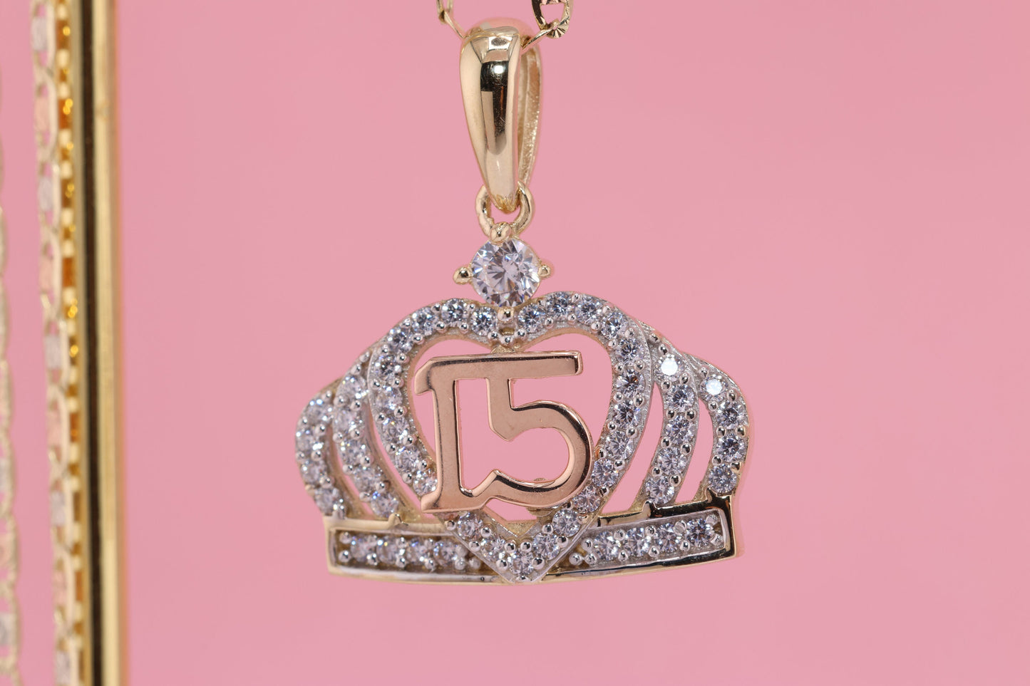 14K Gold 15 Anos Quinceanera Crown Pendant B