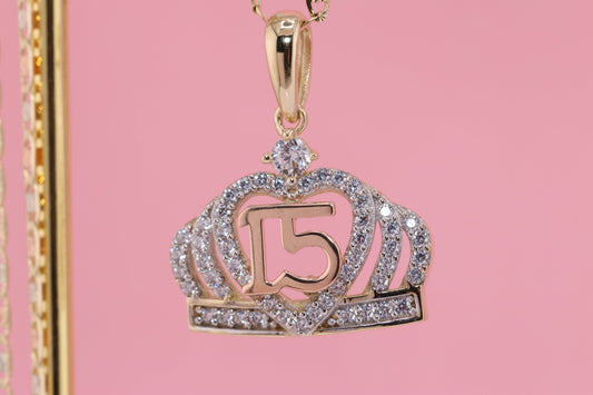 14K Gold 15 Anos Quinceanera Crown Pendant B