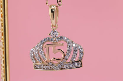 14K Gold 15 Anos Quinceanera Crown Pendant B