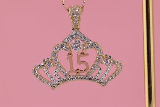 14K Gold 15 Anos Quinceanera Crown Pendant F