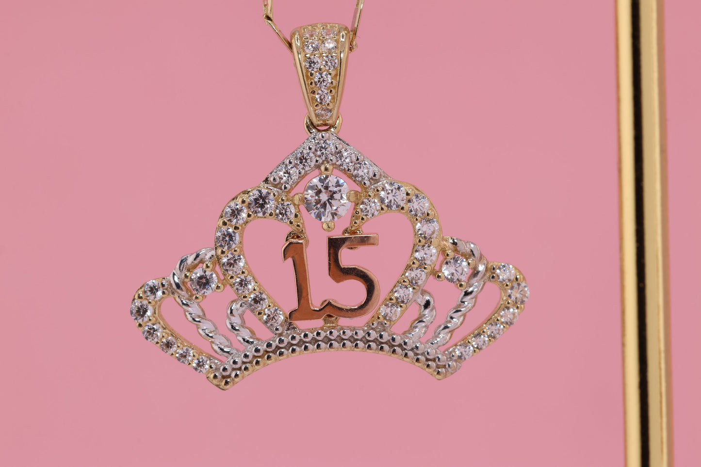 14K Gold 15 Anos Quinceanera Crown Pendant F