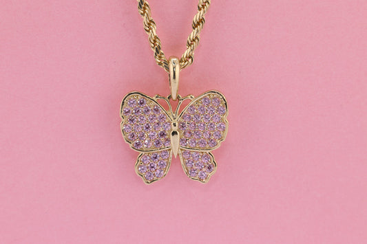 10k Solid Gold Heart Pink  CZ Butterfly  Pendant