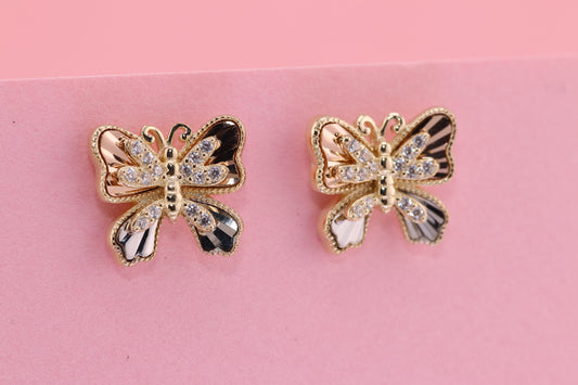 14k Solid Gold Two Tone Color Butterfly Push Back Stud Earrings F