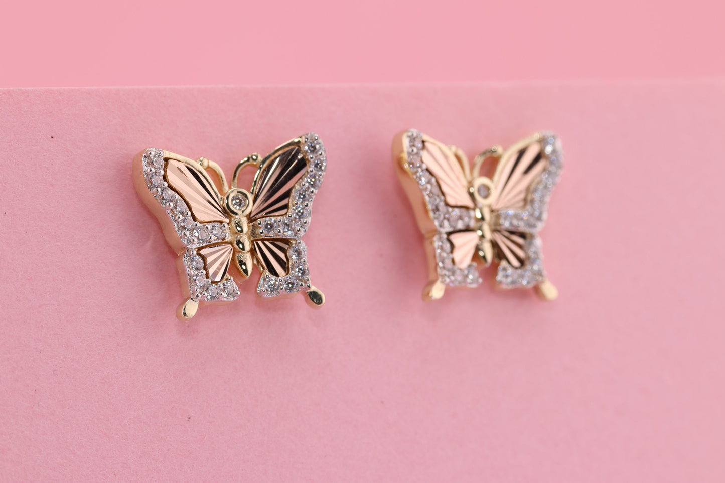 14k Solid Gold Two Tone Color Butterfly Push Back Stud Earrings E