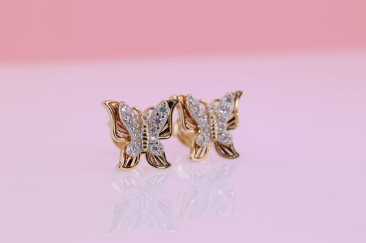 14k Solid Gold Two Tone Color Butterfly Push Back Stud Earrings D