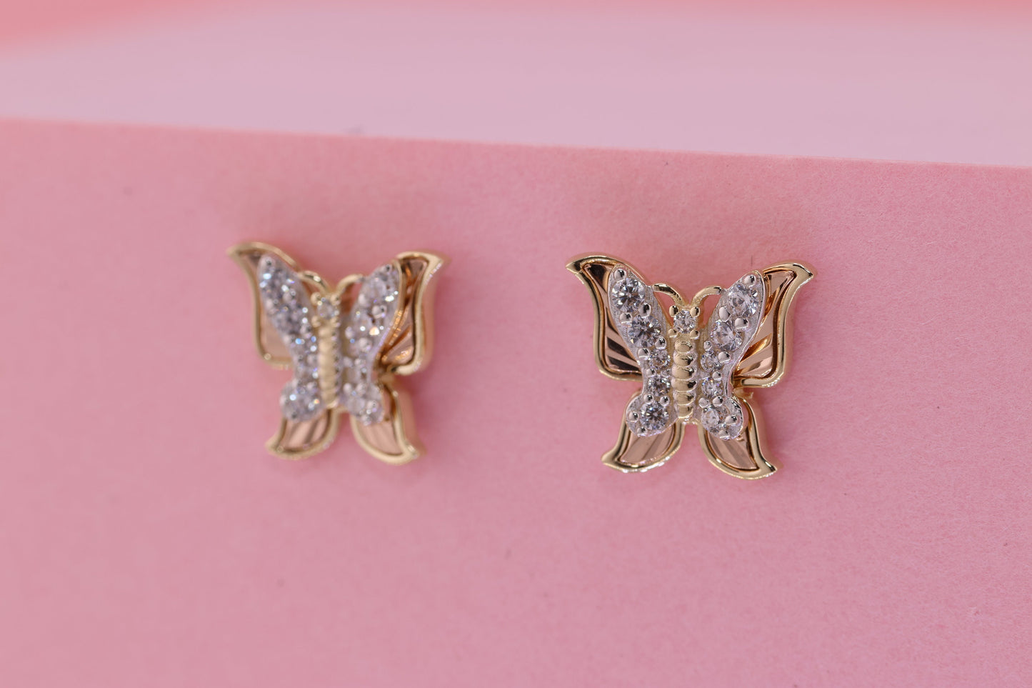 14k Solid Gold Two Tone Color Butterfly Push Back Stud Earrings D