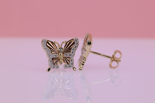 14k Solid Gold Two Tone Color Butterfly Push Back Stud  Earrings E