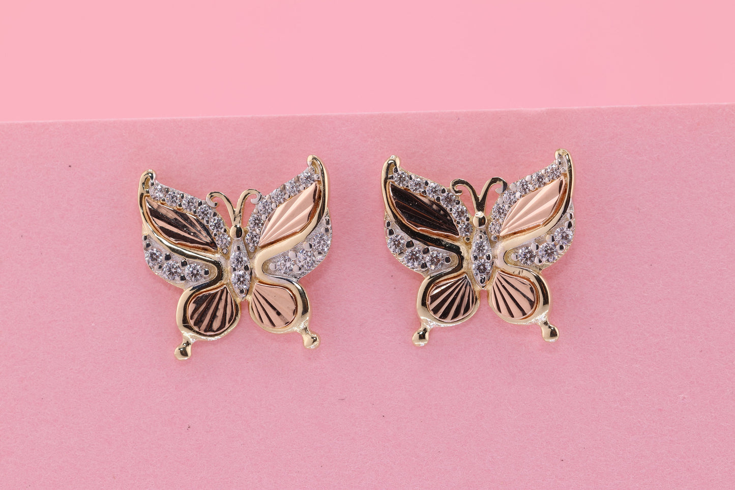 14k Solid Gold Two Tone Color Butterfly Push Back Stud Earrings B