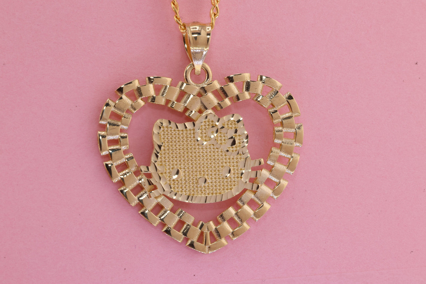 10K Solid Gold Heart Rolex Style Kitty Pendant