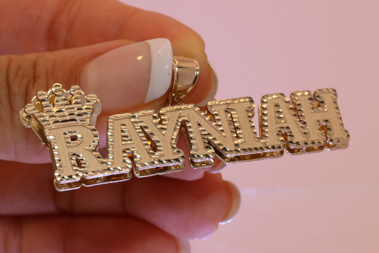 10K or 14K 3D Crown Gold Personalized Double Plate Name Pendant