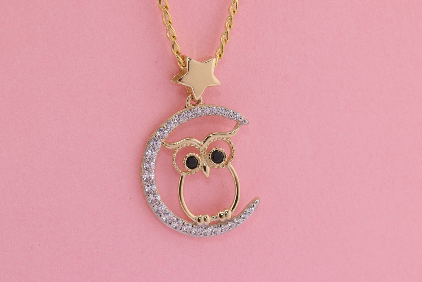 14k Yellow CZ Owl Pendant