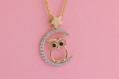 14k Yellow CZ Owl Pendant