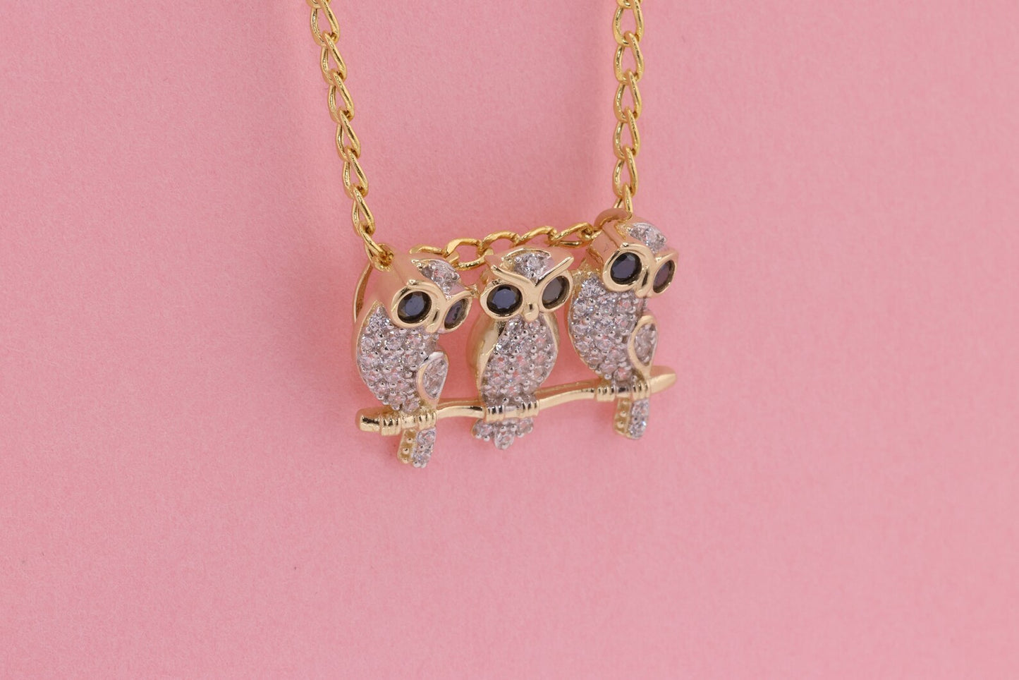 14K Gold CZ Triple Owl Pendant