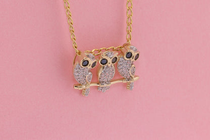 14K Gold CZ Triple Owl Pendant