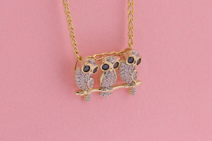 14K Gold CZ Triple Owl Pendant