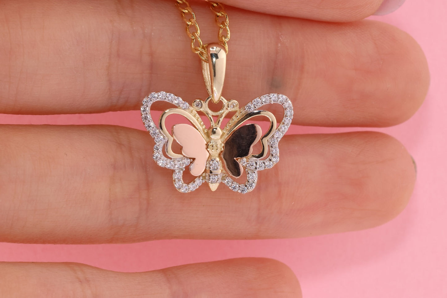 14k Tri Color Cubic Zirconia Butterfly Pendant F