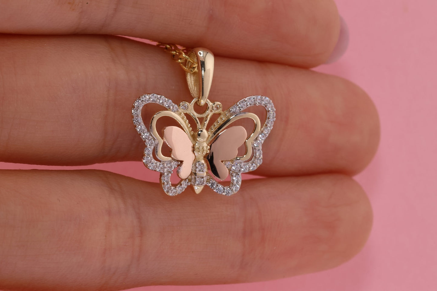 14k Tri Color Cubic Zirconia Butterfly Pendant F