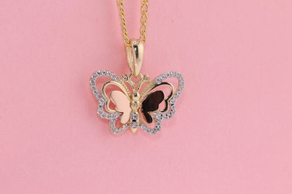 14k Tri Color Cubic Zirconia Butterfly Pendant F